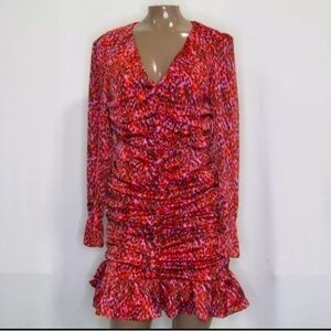 En Saison Mini Dress Red/Multi Women’s Small Razzalind Bodycon Ruched V-Neck NWT